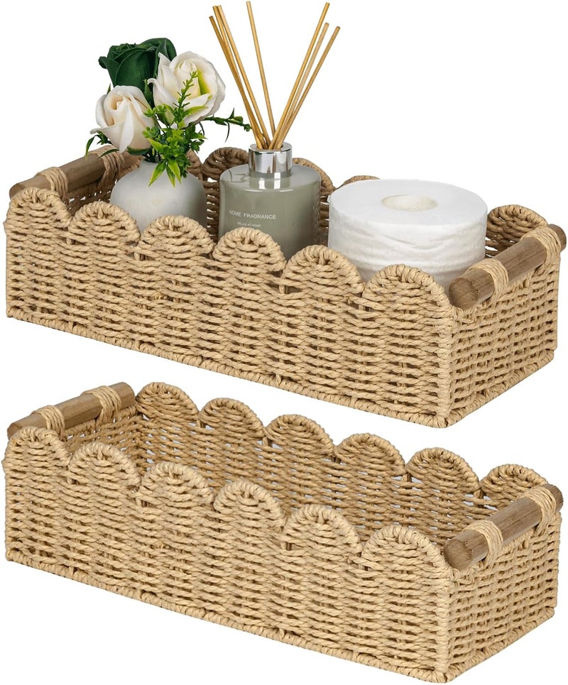 CubesLand Scalloped Decor Basket for Living Room, Home, Bathroom, 2SAME SIZE Paper Rope Basket, Toilet Storage Baskets for Over Toilet Storage Shelf, Cute Woven Basket Both Storage&Decor, Beige - Image 1